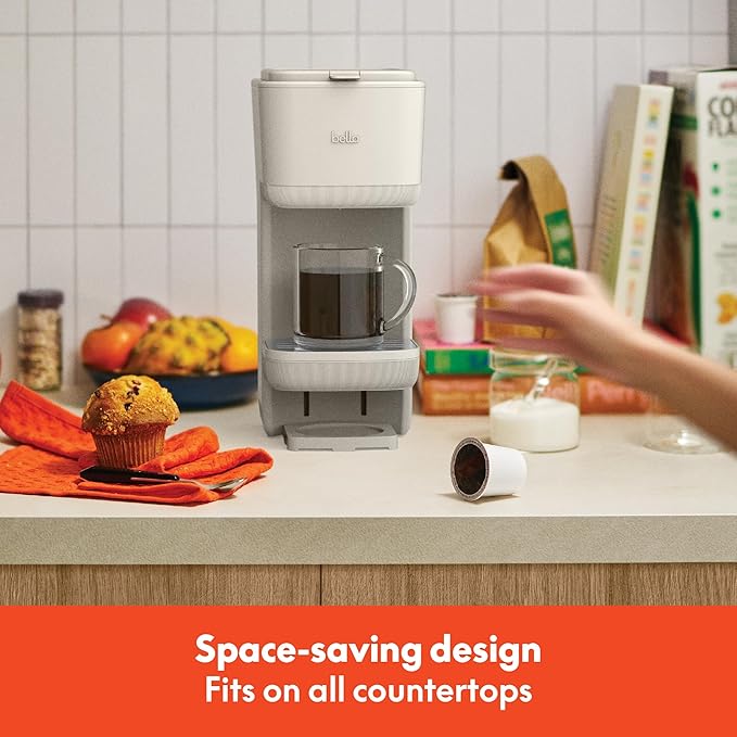 BELLA Single Serve Coffee Maker, K Cup & Coffee Ground Compatible with Removable, Adjustable Drip Tray, Auto Shutoff & Reusable Dishwasher Safe Accessories, Brews 6oz to 14oz, 1000 Watt, Oatmilk