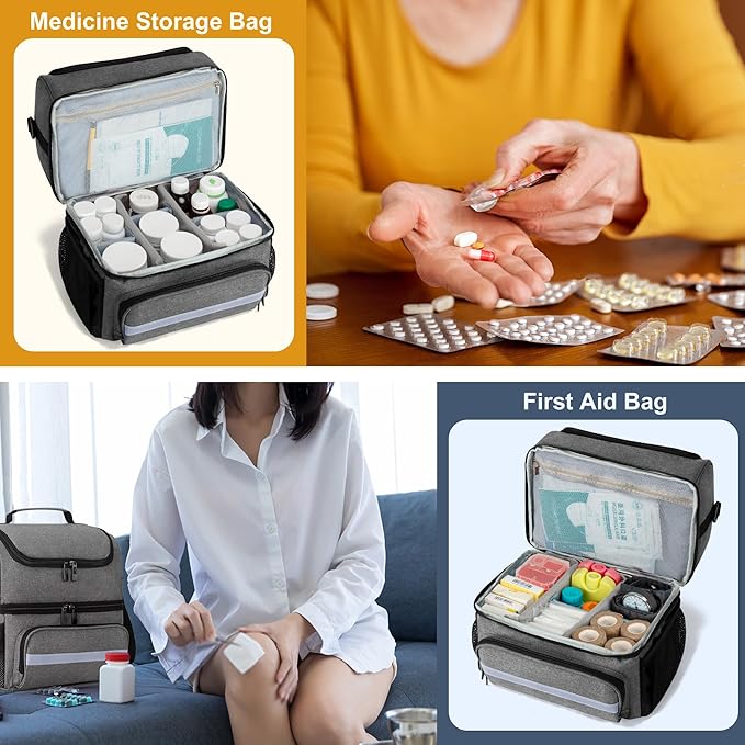 CURMIO Double Layers Medicine Storage Bag, Pill Bottle Organizer Bag with Inner Dividers, Medication Travel Bag for Vitamins, Supplements, Prescription Bottles, Medical Supplies, Gray (Patent Design)