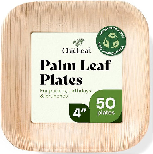 Chic Leaf Compostable & Biodegradable Palm Leaf Disposable Bamboo Plates - Disposable Party Plates for Appetizers - Party Supplies (4'' - 50 Pack)
