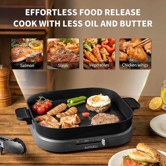 AUTUCU T2NA 2-in-1 Electric Griddle Nonstick Flat Grill, PFOA-Free Ceramic-Coated Surface | Easy to Clean, 1200W, Square 11.3" (Includes Tongs)