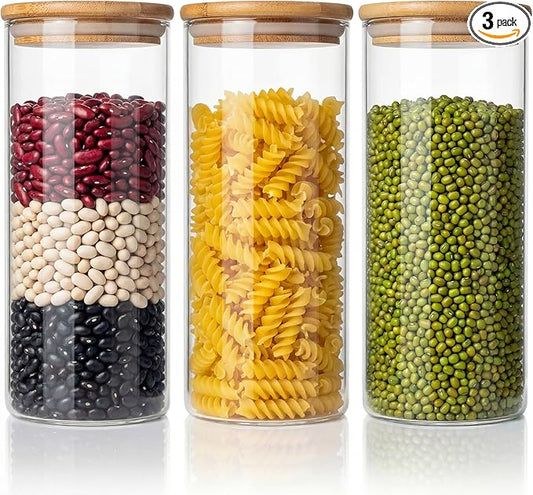 45oz - 3 Pack Glass Jars with Bamboo Lids, Glass Pantry Storage Containers with Airtight Lids, Round Air Tigh Food Storage Canisters for Cereal, Pasta, Flour, Sugar, Rice, Best for Kitchen Organizer
