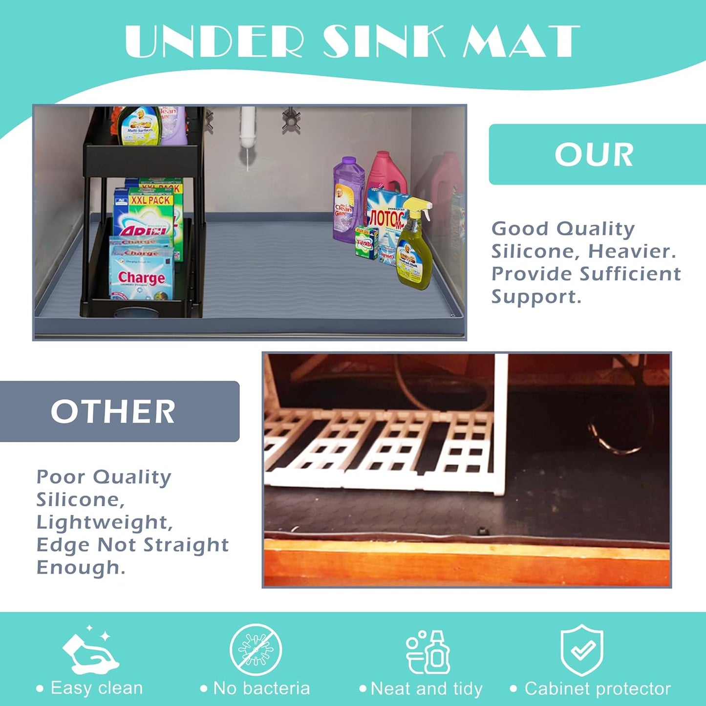 URMONA Waterproof Silicone Under Sink Mat 37'' x 22'' Shelf Liner for Kitchen and Bathroom, Cabinet and Counter Protector, Storage and Organizers, Litter Mat, Pet Cat Puppy Essentials(Black)