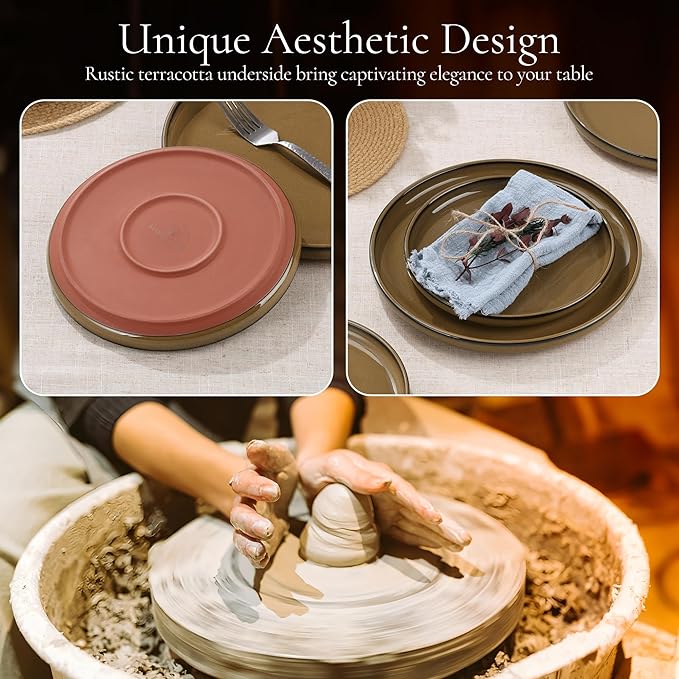 E-far Stoneware Dinnerware Sets for 6, 18 Pieces Reactive Glaze Plates and Bowls Sets, Elegant Dishes with Rustic Terracotta Clay Base, Dishwasher & Microwave Safe, Scratch Resistant, Deep Camel
