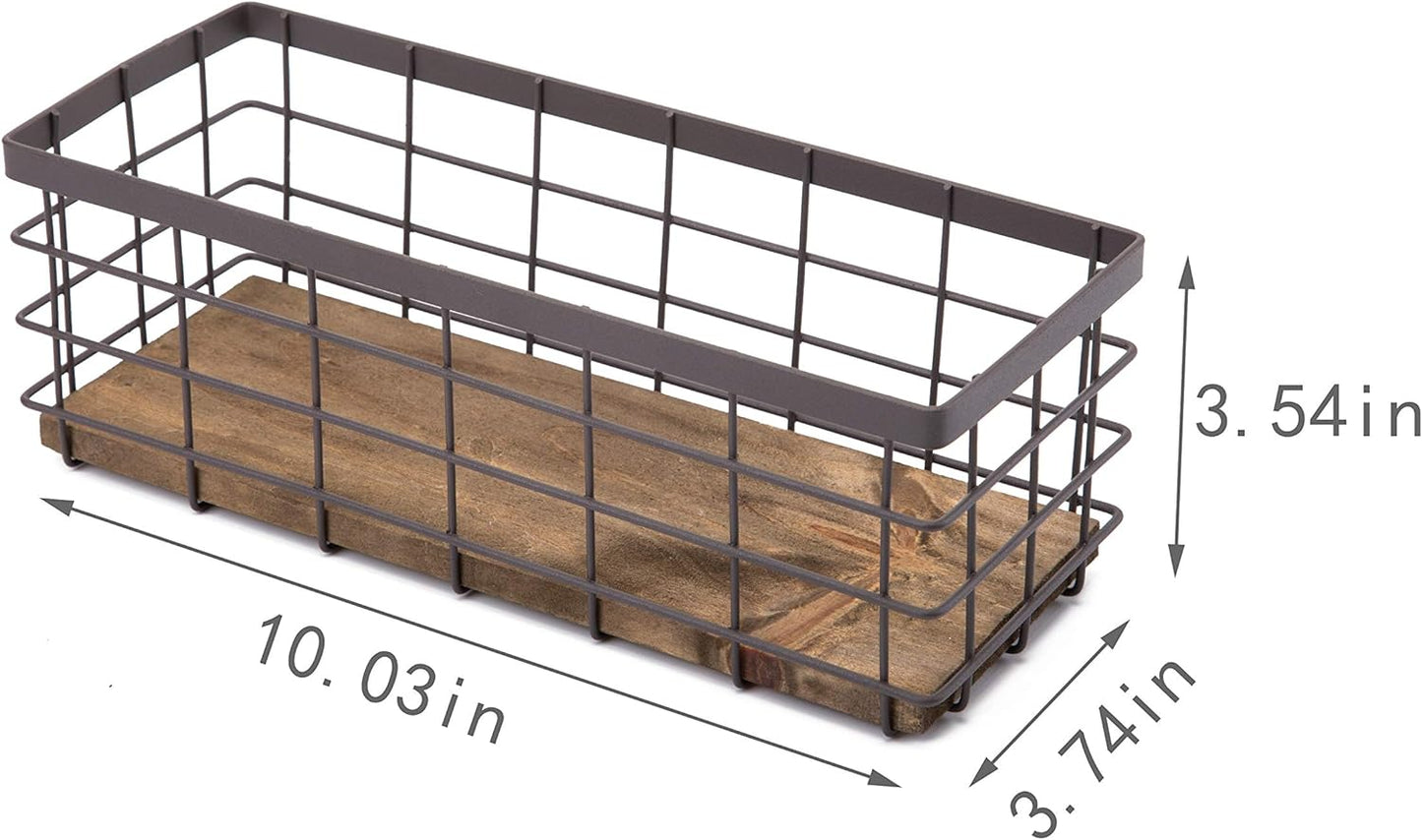 TIEYIPIN Small Metal Wire Storage Basket, Detachable Wood Base Storage Organizer Bin Basket for Kitchen Cabinets, Bathroom, Pantry, Garage, Laundry Room - Brown (4 Pack)