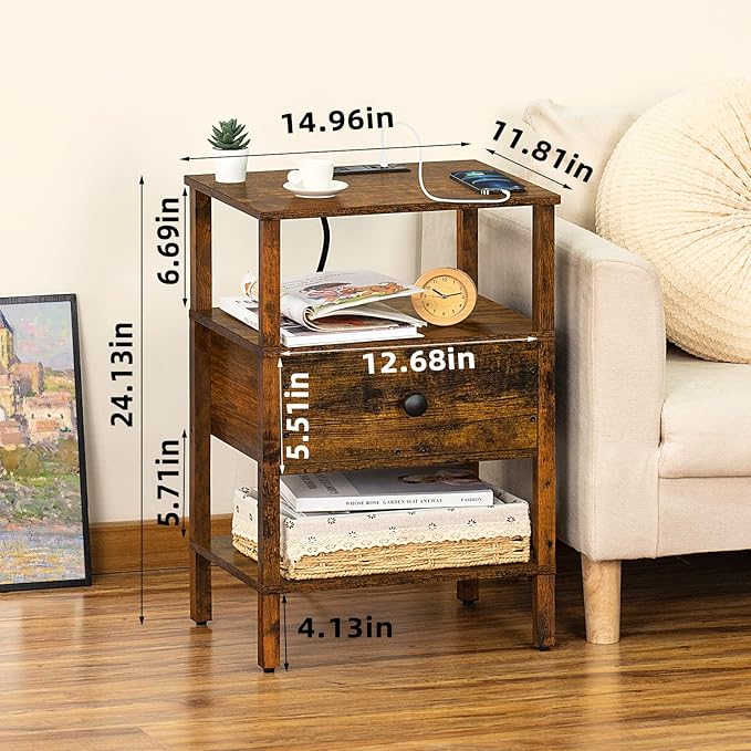 Lerliuo Nightstand Set of 2 with Charging Station and USB Ports, 3-Tier Storage End Table with Drawer Shelf, Night Stand for Small Spaces, Wood Bedside Table for Living Room, Bedroom-Brown