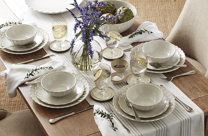 Lenox Dinnerware Set, French Perle Scallop 4-Piece Place Setting, Service For 1, Dinnerware Set, Stoneware, Includes Plates, Bowl, and Mug, Dishwasher And Microwave Safe, Dish Set (White, 4 Piece)