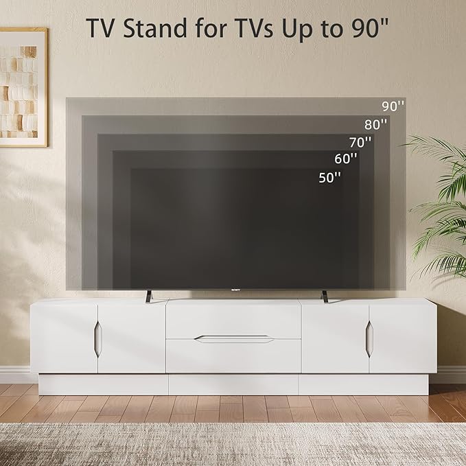 94.5" Wide Modern TV Stands for Living Room, Entertainment Center with Storage Cabinets and Drawers,Wooden TV Console with Groove Handle,Media Console for Bedroom,Dining Room,White