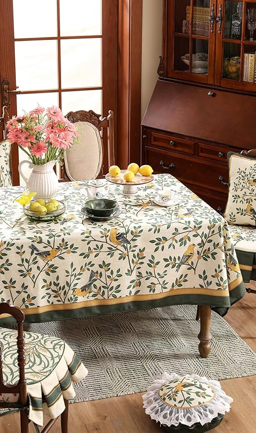patdrea Designer French Table Cloth for Rectangle Table,Vintage Green Linen Birds and Leaves Pattern Tablecloths,Dacorative Cover Kitchen Dining,Christmas,Thanksgiving,Tea Party,55"x79"-Warbler