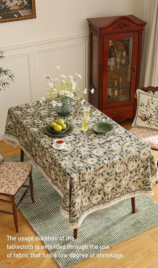 ISAENNE Designer Green Linen Table Cloth Rectangle,Floral French Country Indoor Tablecloth,Stain Resistant Home Decor Tablecloths for Dining Kitchen Thanksgiving Party,55"*79"-Brune