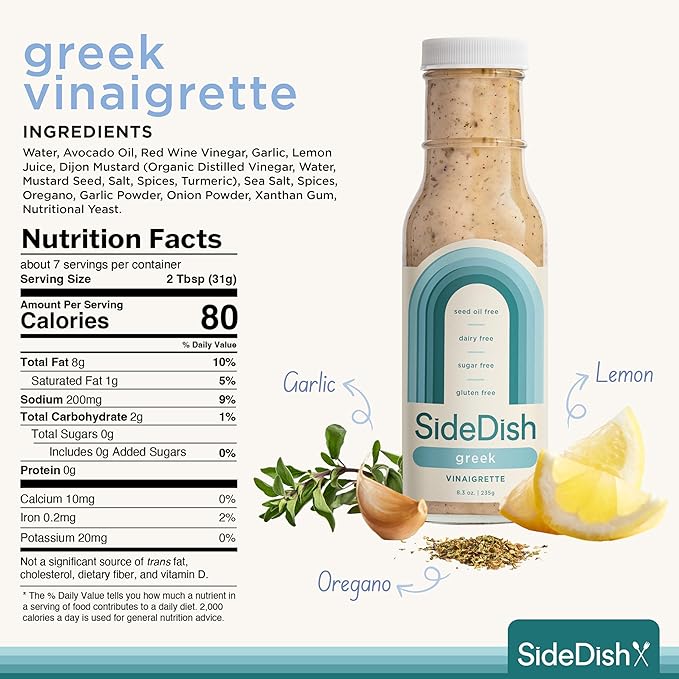 SideDish Zesty Greek Vinaigrette (Pack of 3) - Seed Oil, Dairy & Gluten Free Salad Dressing w/Avocado Oil - Refined Sugar Free, Healthy Greek Salad Dressing - Balsamic Paleo Marinade for Dips, Spread