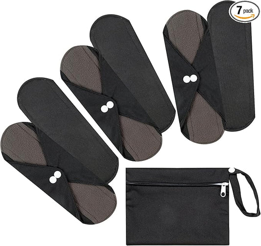 7pcs Set 1 pc Mini Wet Bag +6pcs Absorbent Reusable Sanitary Pads/Washable Cloth Menstrual Pads(Black,M)