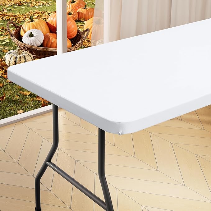 homing Rectangle Table Cloth Cover, Waterproof Polyester Elastic Fitted Tablecloth, Fits for 6 Foot Folding Tables, Washable Table Protector for Picnic, Camping, Outdoor (White, 30" x 72")