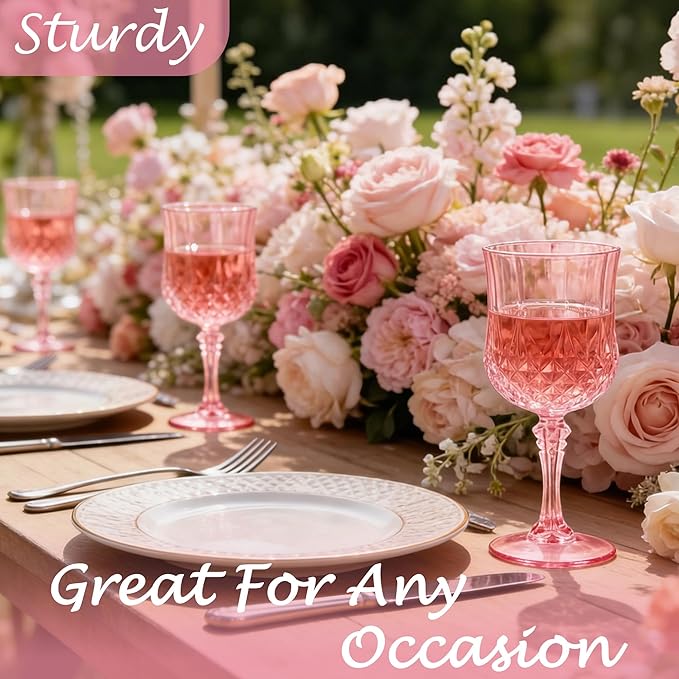 Plastic Wine Glasses, Plastic Goblets Vintage Style Cordial Unbreakable Drinking Glasses， Reusable Drinkware for Wedding Reception, Grand Event Party Supplies, Mother's Day(48, Pink)
