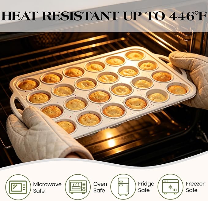 1 Pc Mini Muffin Pan with Metal Reinforced Frame, 24 Cups Nonstick Silicone Cupcake Tray for Baking, Food Grade Small Muffin Molds with Handles (Cream)