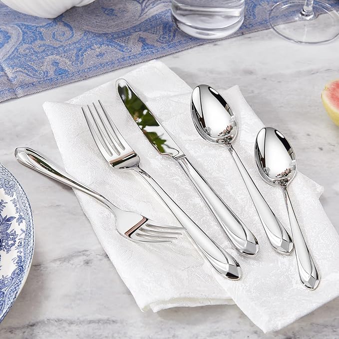 KEAWELL Premium Astra 4-Piece 7.4 inch Spoon Set – Mirror-Finished 18/10 Stainless Steel with Diamond-Faceted Handles Dishwasher Safe for Modern Dining (4, Dinner Spoons)