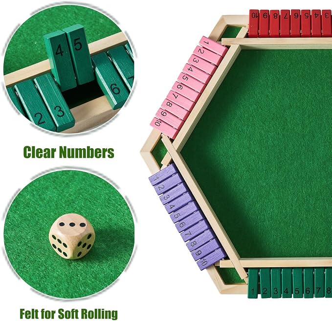 Vamslove Shut The Box Game for 6 Player with 12+4 Dice - Colorful 6 Sided Wooden Board Math Number Games for Kids Adults Families Party Club (Instructions Included)