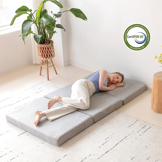 MLILY Tri-Fold Memory Foam Mattress, 4 inch Full Folding Mattress with Collapsible and Washable Cover, Travel and Guest Mat, 75"×54"×4", Grey