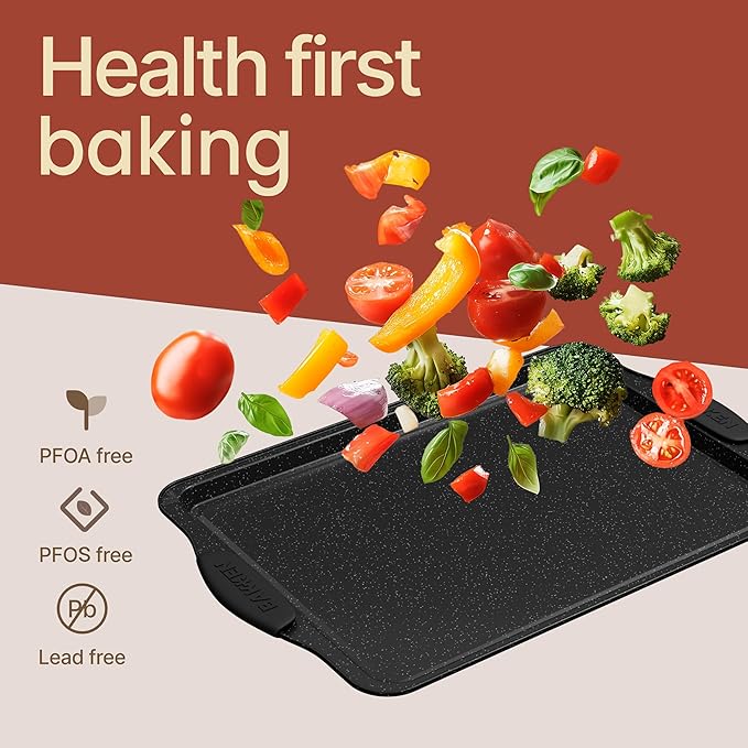 BAKKEN 8-Piece Kitchen Oven Baking Pans Set - Deluxe Nonstick Gray Marble Coating, Professional Grade Carbon Steel Bakeware with Silicone Handles - Oven, Dishwasher, and Freezer Safe