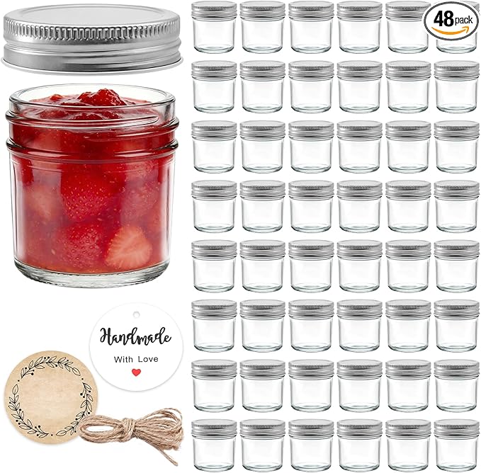 48 Pack 2 oz Small Mason Jars, Mini Glass Jars with Lids for Jam Ginger Shots Honey Spices Wedding Favors, Includes Labels, String & Handmade Tags