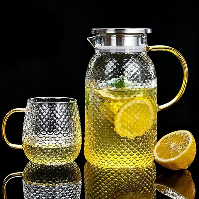 Glass Water Pitcher Set With Stainless Steel Filter, Iced Tea, Juice, Beverage Container, Transparent Hot & Cold Water Jug With Cups