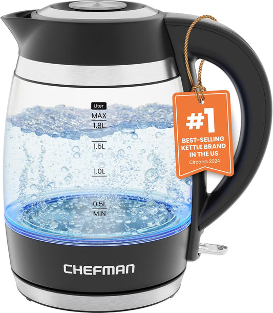 Chefman Electric Kettle, 1.8L 1500W, Hot Water Boiler, Removable Lid for Easy Cleaning, Auto Shut Off, Boil-Dry Protection, Stainless Steel Filter, BPA Free, Borosilicate Glass Electric Tea Kettle