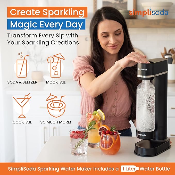Simpli Soda BLÜ Sparkling Water Maker, Premium Soda Streaming Machine, Carbonated Water Machine and Soda Maker - Black (Machine + 2 CO2 Cylinders)