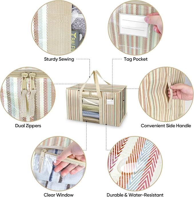 BALEINE 2-Pack Oversized Moving Bags with Reinforced Handles, Heavy-Duty Storage Tote Moving Supplies for Packaging, Camping (Color Stripe, 2-Pack)