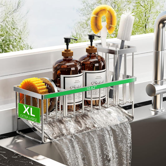 Cisily Extra Large Silver Kitchen Sink Caddy Organzier with High Brush Holder, Sponge Holder for Sink, 304 Rustproof Stainless, Kitchen Countertop Soap Dispenser Organizer For Decor and Accessories