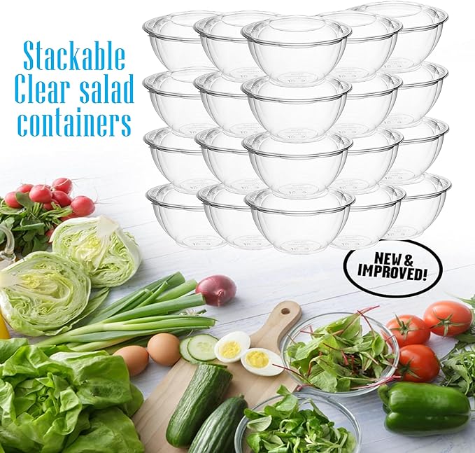 Mr Miracle Clear 24 Ounce Plastic Salad Bowls with Snap-On Lids. 50 Pack. Airtight Disposable Salad Containers for Lunch, Meal Prep, Parties. Ideal as Disposable Salad Bowls with Lids