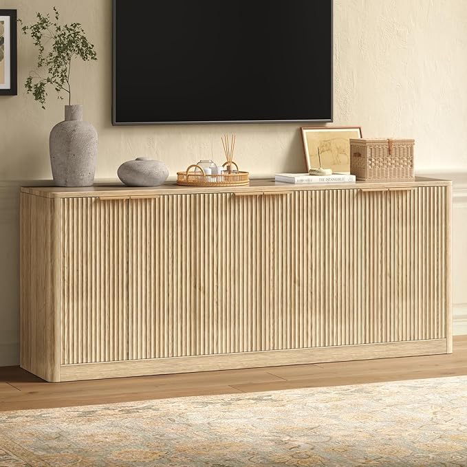 Evermagin 67" Oak Fluted TV Stand for TVs up tp 75", Mid-Century Modern Entertainment Center with Storage Cabinets and Fluted Doors, Wood Media TV Consoles for Living Room and Bedroom Furniture