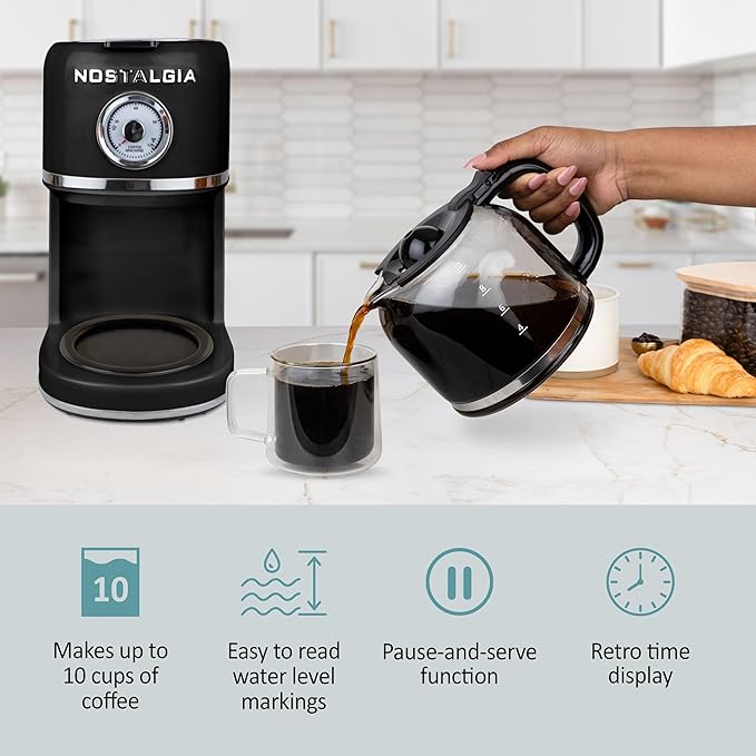 Nostalgia Classic Retro 10 Cup Coffee Maker - One-Touch Drip Brew, Reusable Filter - Anti-Drip, Auto Shutoff, & Time Display - Dishwasher Safe 50 oz Carafe - Black