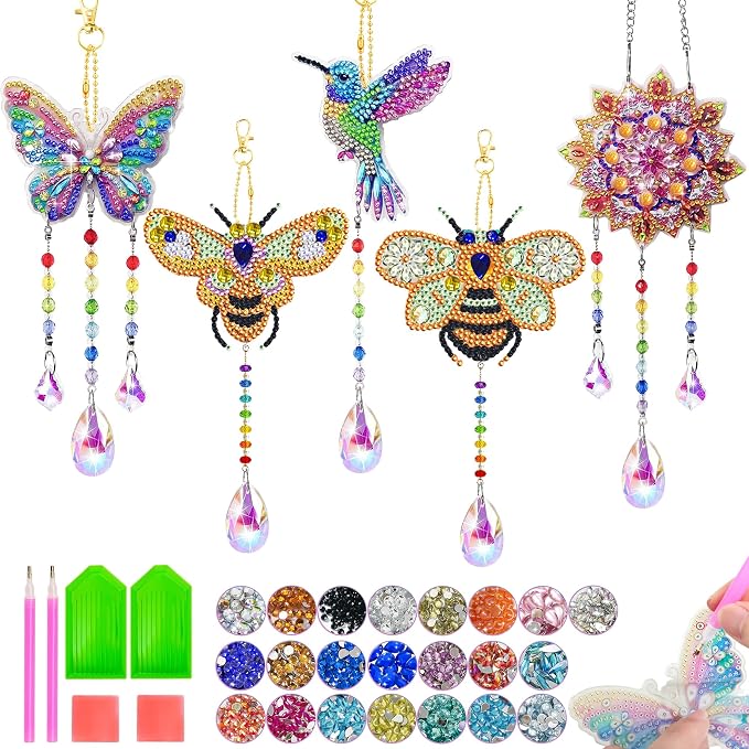 5Pcs Diamond art Kits for Kids/Adults, Crafts for Kids Ages 8-12, DIY Diamond Painting art Wind Chimes Crystal Window Suncatcher Craft, Birthday Gifts for 7 8 9 10 11 Year Old Girls, Home Garden Decor