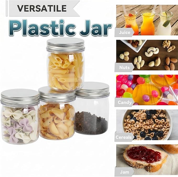 novelinks 8 oz Clear Plastic Jars with Airtight Lids, 8 Pack Plastic Mason Jars with Lids 8oz, Refillable Storage Slime Containers & Small Spice Jar for Kitchen Organization (8 Pack,Silver)