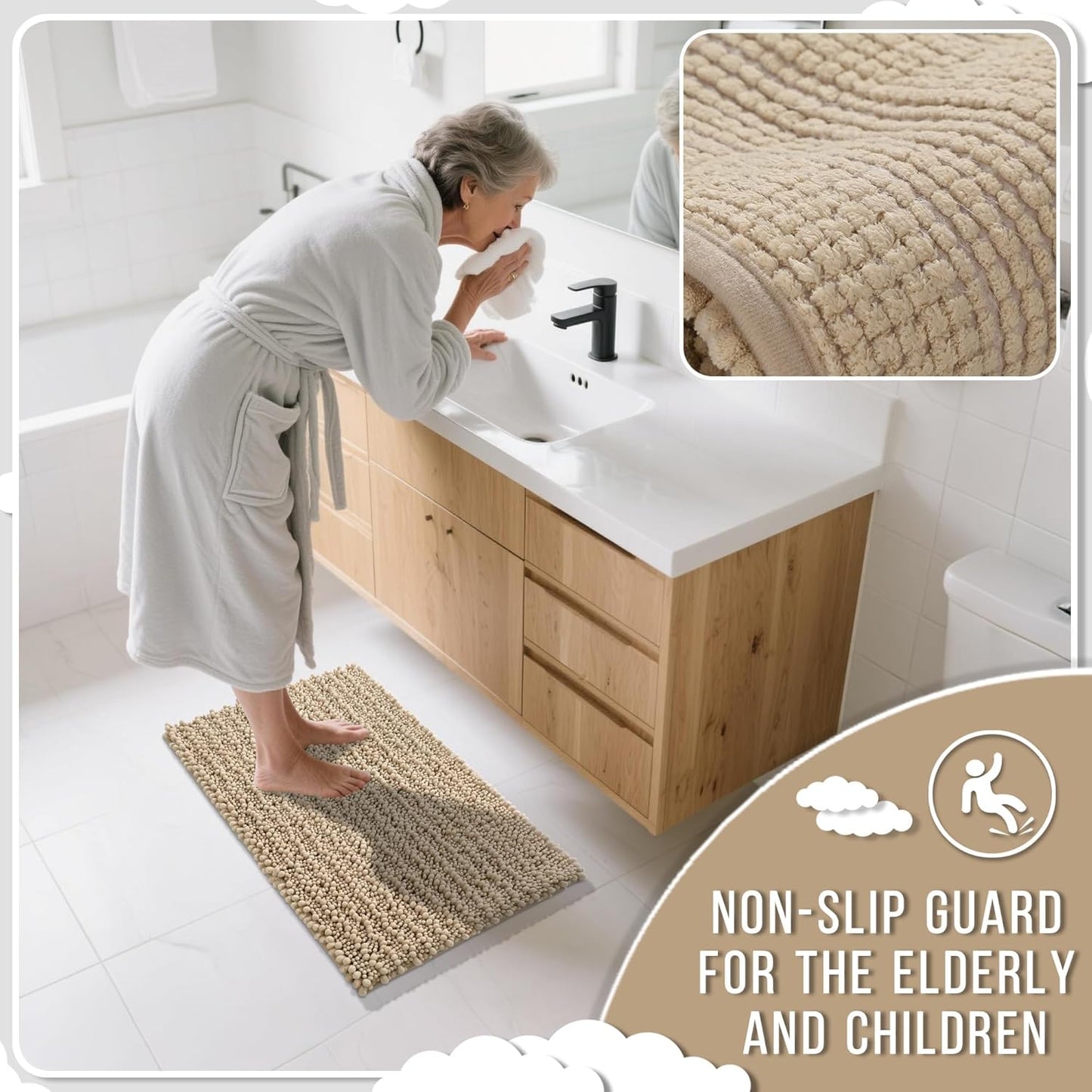 Yimobra Long Bathroom Rugs Non Slip Washable 44x24 Inch - Ultra Soft Absorbent Chenille Bath Mat, Quick Dry Shaggy Floor Carpet for Tub Shower, Pale Khaki Home Decor Accessories