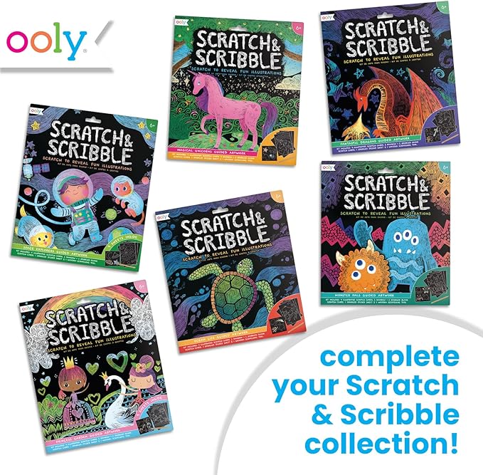 Ooly Scratch & Scribble Travel Crafts for Kids – 1pc Art Kit, Portable Car & Airplane Activity, 8 Scratch Cards + Wooden Stylus + Stickers, Ages 6+ – Space Explorers