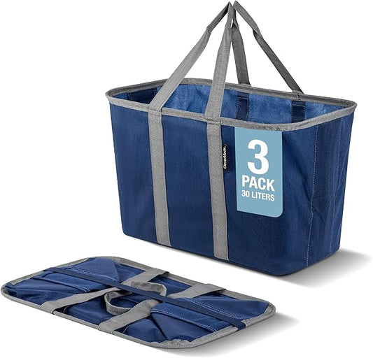 CleverMade EcoBasket Reusable Grocery Tote - 30L - Pack of 3 - Blue Grey - Collapsible Storage Shopping Organizer - Heavy Duty Utility Bag Home