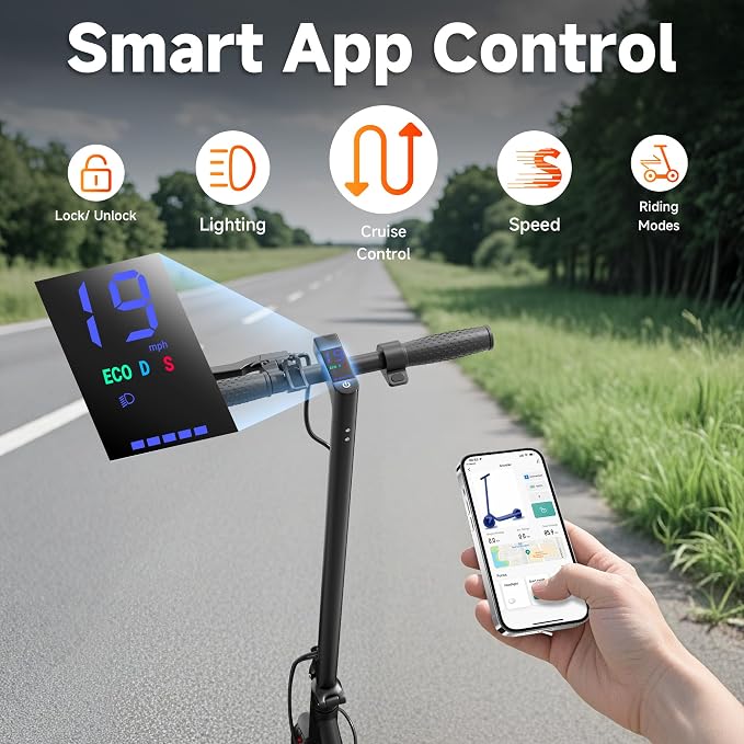 Electric Scooter, 350W-500W Motor, 9 MPH to 22MPH, 10-41 Miles Range, Dual Suspension, Dual Braking, App Control, Foldable Commuter E Scooter for Adults and Teens