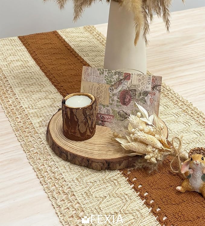 FEXIA Boho Table Runner 72 Inches Long Thanksgiving Decor Macrame Table Runner Farmhouse Style with Tassels for Party Bohemian Rustic Wedding Bridal Shower Dining Decor Middle Brown (12x72 Inches)