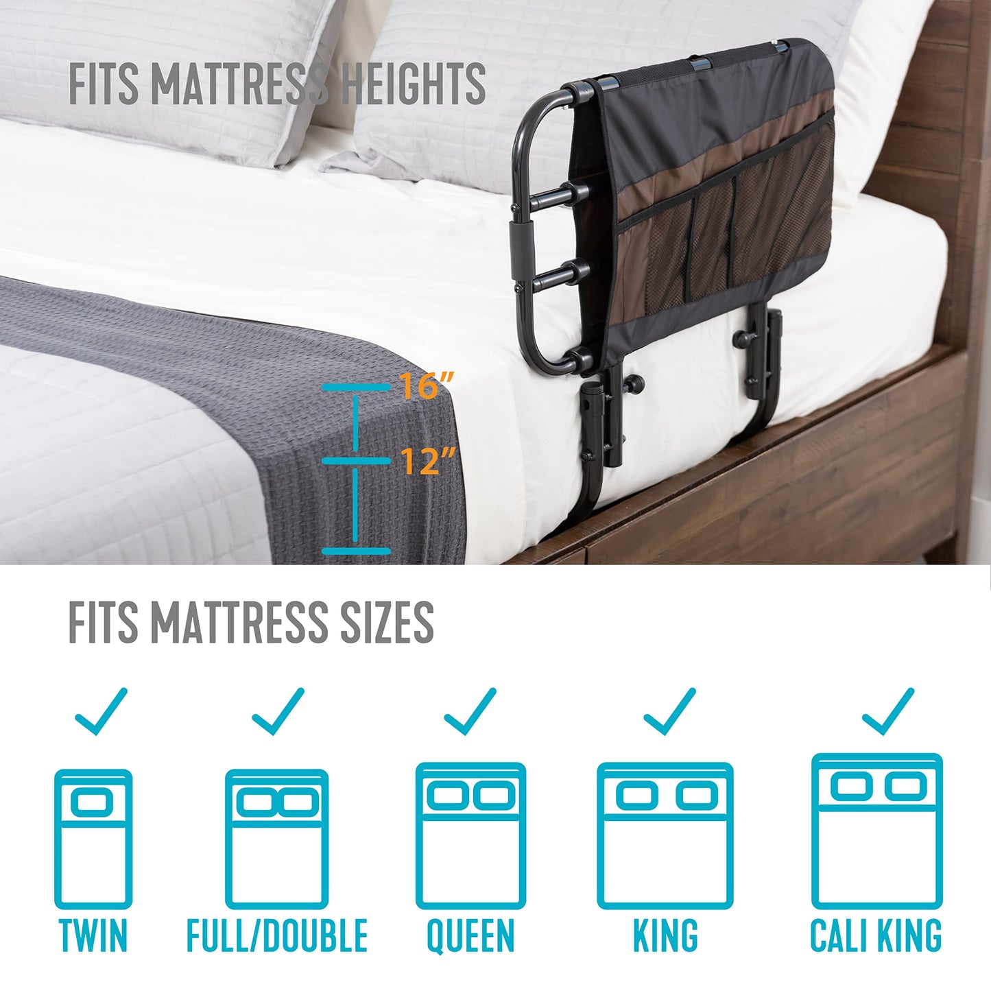 Stander EZ Adjust Bed Rail, Adjustable Senior Bedrail and Safety Assist Railing for Elderly Adults with Organizer Pouch, ASTM Safety Approved Guard-Rail, Black