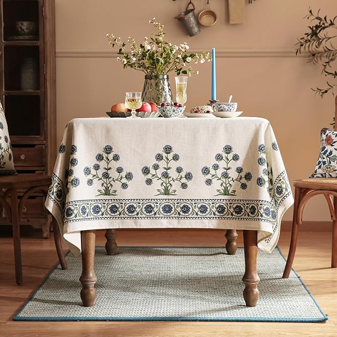 patdrea Designer Vintage Blue Rectangle Extra Long Tablecloth,Leaves Pattern Breathable Floral Table Cloth,French Table Cover for Kitchen Dining Christmas,Thanksgiving,Party,67"x118"-Ivar B