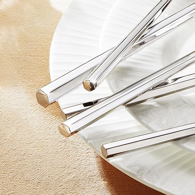 KINGSTONE 5-Piece Silverware Set, 18/10 Stainless Steel Flatware Cutlery Set with Hexagon Handle, for Hotel, Home, Party, Wedding Gift, Mirror Polish and Dishwasher Safe