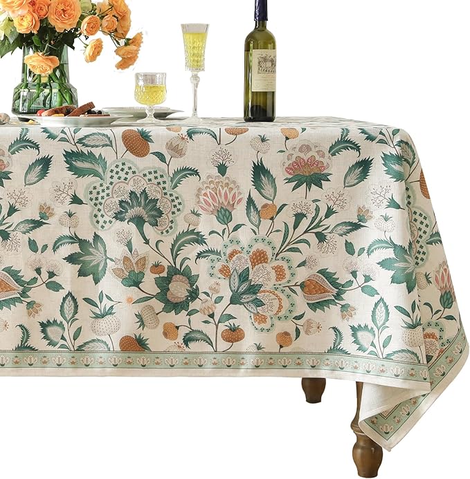 patdrea Designer Green Rectangle Table Cloth,Vintage Italian Floral Country Linen Breathable Tablecloth,Decor Cover for Kitchen Dining,Christmas,Tea Party,Thanksgiving,55"x87"-Tree Life