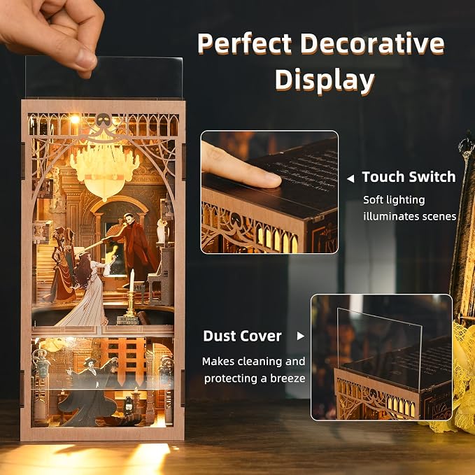 MiniCity DIY Book Nook Kit for Adults, 3D Wooden Puzzle Bookend Bookshelf Insert Decor with LED Light and Dust Cover (Phantom of The Opera)
