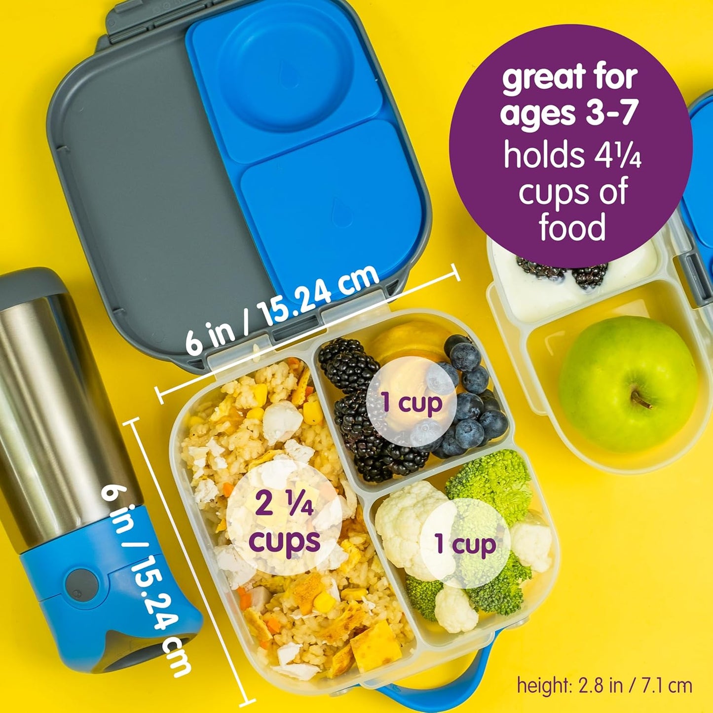 b.box Mini Lunch Box, Bento Box for Kids, Snack Container with 2 Leak Proof Compartments, Reusable Snack Containers with Lids, Kids Lunch Boxes Ages 3+, BPA Free, 4 1/4 Cup Capacity (Feelin' Peachy)