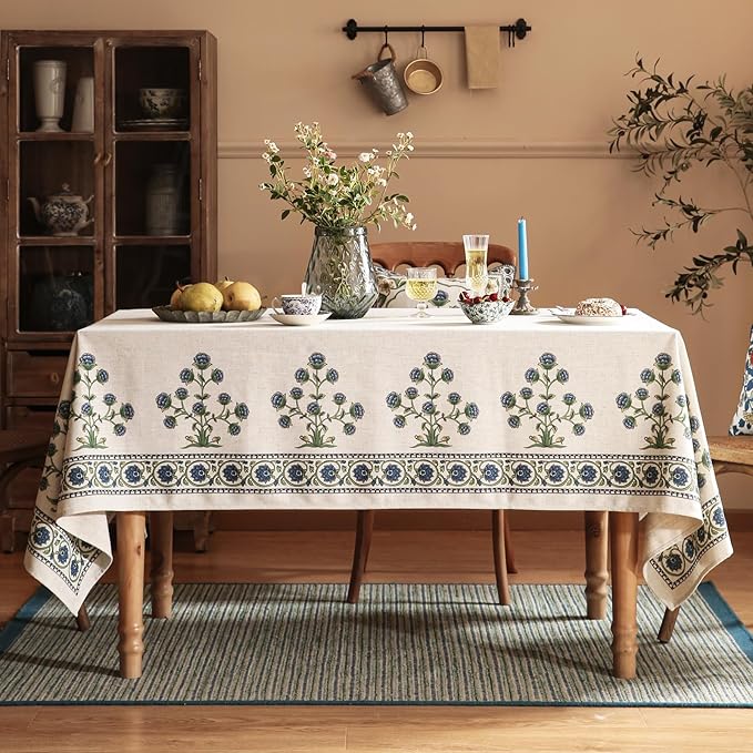 patdrea Designer Vintage Small Blue Rectangle Table Cloth,Linen Leaves Pattern Floral Tablecloth,Farmhouse Fall Table Cover for Kitchen Dining Christmas,Tea Party,Thanksgiving,55"x71"-Ivar B