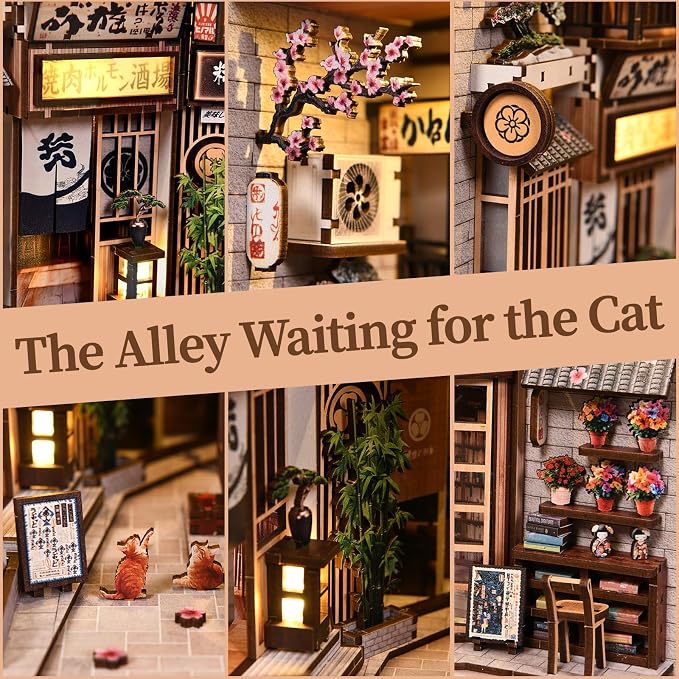 DIY Book Nook Kit - Japanese DIY Miniature House Kit for Adults,Dollhouse Kit 3D Wooden Puzzle Bookend Diorama Insert Decor,Gifts for Family Friends (The Alley Waiting for the Cat)