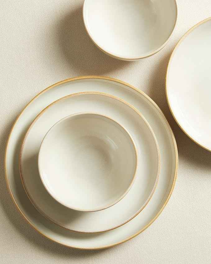 32 Piece Double Bowl Dinnerware Sets with Pasta Bowls, Highly Chip and Crack Resistant Plates and Bowls Sets, Natural Earthyware Ceramic Dishware Sets, Service for 8 Yellow White