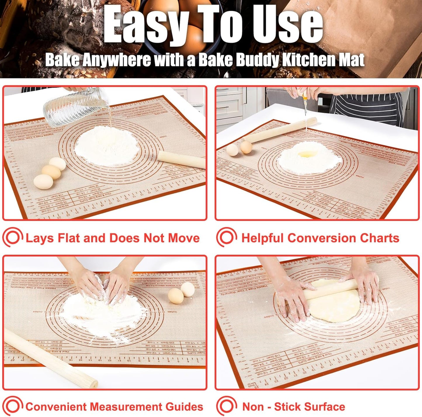 Silicone Baking Mat 36x24 Inch Nonstick Pastry Mat Perfect for Dough Mat, Pastry Board, Kitchen Counter Mat - For Dough, Pastry, Pie Crust, Fondant, Cookies, Bread, Pasta/Pizza, Red