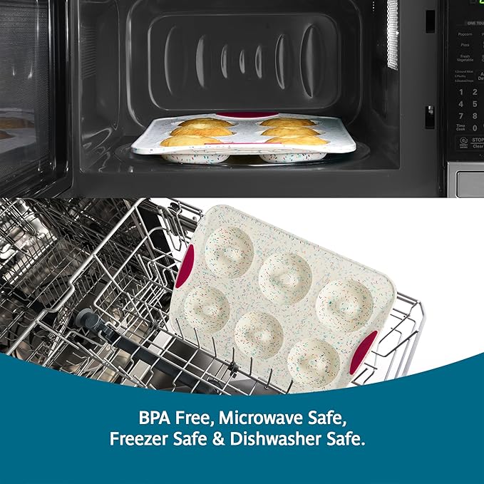 Trudeau Jumbo Donut Pan – Nonstick 6 Cavity Mold, White Confetti/Fuchsia – Silicone Baking Pan for Homemade Donuts, Muffins, Cakes, Bagels, Pastries & Baked Treats – Dishwasher & Oven Safe