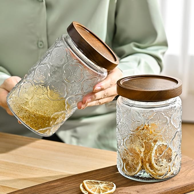 Adodeen 32oz Vintage Glass Jar With Lid, Glass Storage Containers, Airtight Kitchen Storage Containers For Sugar, Coffee, Tea, Spice, Flour, Candy Cookie, Pasta, Cereal, Cute Decorative Jars